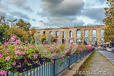 Ataturk Boulevard and Ancient roman Aqueduct of Valens in Istanbul Stock Photo