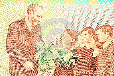 Ataturk with child symbolizes the revolution of new Turkish alphabet Stock Photo