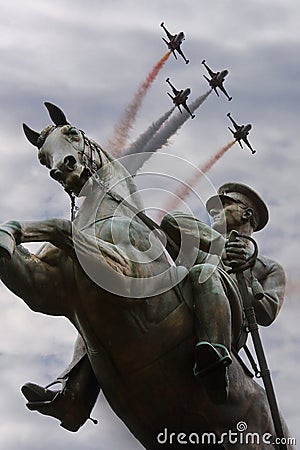 AtatÃ¼rk Monument Statue of Honor with Turkish Stars aerobatic team in Samsun at May 19 Stock Photo