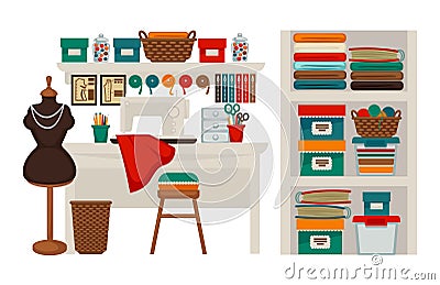 Atelier tailor or dressmaker modiste salon workplace vector flat icons set Vector Illustration