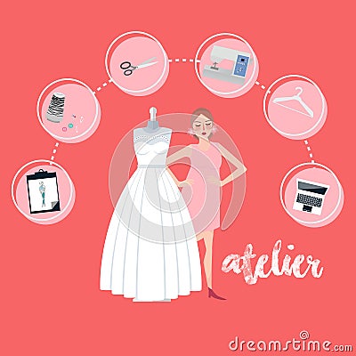 Atelier woman occupation bridal business textile icon flat style Vector Illustration