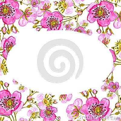 Atercolor tender spring flowers with buds in an oval frame. Beautiful background for decoration Stock Photo