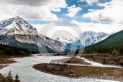 Athabasca River close view with Columbia Icefield Stock Photo