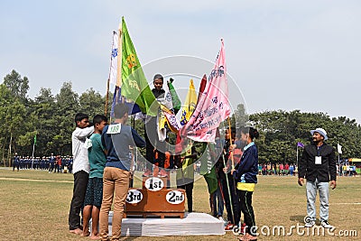 Atheistic Girls Bound Many Flag, Sports Strong Girl Editorial Stock Photo