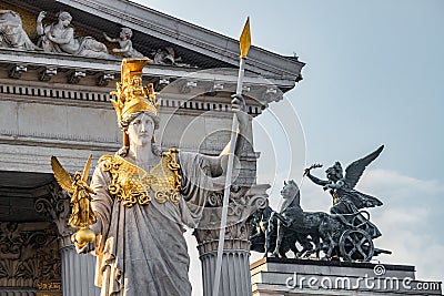 Athena Fountain Pallas-Athene-Brunnen in front of the Parliament during sunset, Vienna, Austria, closeup Stock Photo