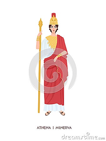 Athene or Minerva - ancient Greek or Roman goddess associated with wisdom, handicraft and warfare. Young mythical female Vector Illustration