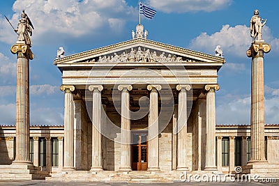 Athens, Attica, Greece. Facade view of the National Academy of Athens neo classical building with the pediment on the theme of the Stock Photo