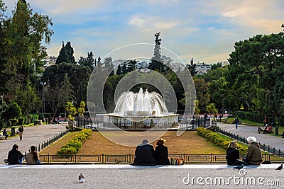 Athens, Attica, Greece. The marble fountain in front of the Zappeion Hall neoclassical building in the National Garden of Athens Editorial Stock Photo