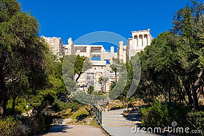 Panoramic view of Acropolis of Athens with Propylaea monumental gateway and Nike Athena temple in ancient city center in Athens, Editorial Stock Photo