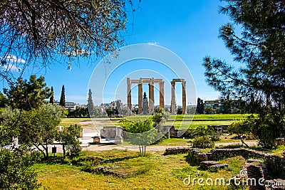 Panoramic view of Temple of Olympian Zeus, known as Olympieion at Leof Andrea Siggrou street in ancient city center old town Editorial Stock Photo