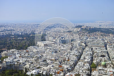 Athens in spring, view from hill, cityscape with streets and buildings, ancient urbal culture Stock Photo