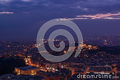 Athens at Dusk - Parthenon, Acropolis, Greek Parliament Stock Photo