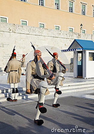 ATHENS, GREECE - AUGUST 14: Changing guards near parliament on S Editorial Stock Photo