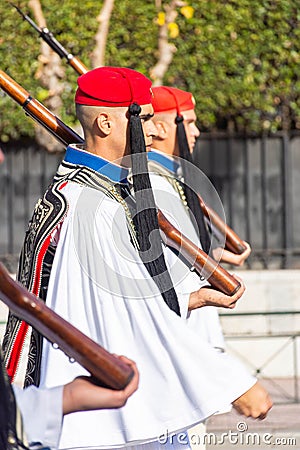 ATHENS, GREECE, 12 DECEMBER 2021 Special traditional change of guards ceremony around the greek parliament Editorial Stock Photo