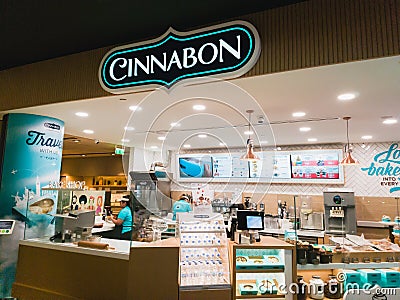 Athens, Greece - February, 11 2020: Cinnabon Bakery shop in Athens International Airport Eleftherios Venizelos. Cinnabon Editorial Stock Photo