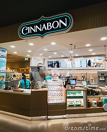 Athens, Greece - February, 11 2020: Cinnabon Bakery shop in Athens International Airport Eleftherios Venizelos. Cinnabon Editorial Stock Photo