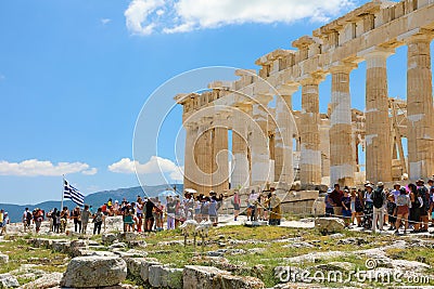 ATHENS, GREECE- JULY 18, 2018: The ancient ruins of Parthenon and Erechtheion at the Acropolis in Athens, the Greek capital. Editorial Stock Photo