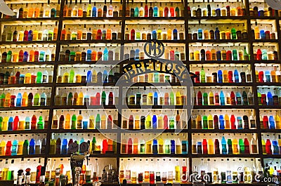 Athens, Greece - June 17, 2017: the famous Brettos bar in Plaka district with shelves with colorful drink bottles Editorial Stock Photo