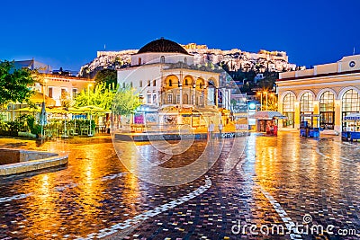 Athens, Greece - Monastiraki Square and Acropolis Editorial Stock Photo