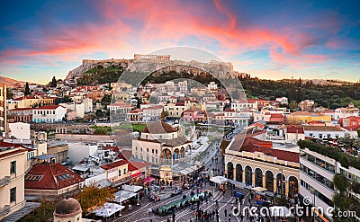 Athens, Greece - Monastiraki Square and ancient Acropolis Editorial Stock Photo