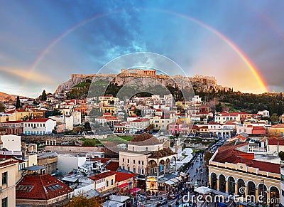 Athens, Greece - Monastiraki Square and ancient Acropolis with rainbow Stock Photo