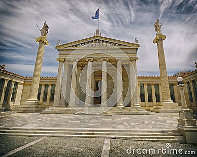 Athens Greece, the national academy with Athena and Apollo statues Stock Photo