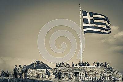 Greek blue white flag with ruins Acropolis of Athens Greece Editorial Stock Photo