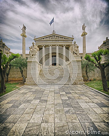 Athens Greece, Plato and Socrates statues in front of the national academy neoclassical building Stock Photo