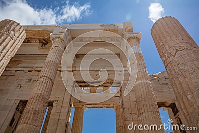 Athens, Greece. Propylaea in the Acropolis, monumental gate roof, blue cloudy sky Stock Photo