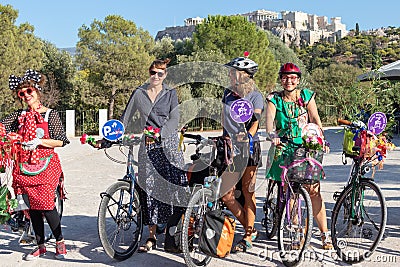 Athens, Greece - Sep 22, 2019: Fancy Women Bike Ride. Cycling event to support women`s visibility in urban spaces. Editorial Stock Photo