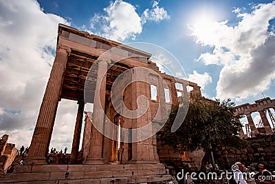 The Erechtheion is an ancient Greek temple on the north side of the Acropolis of Athens in Greece Editorial Stock Photo