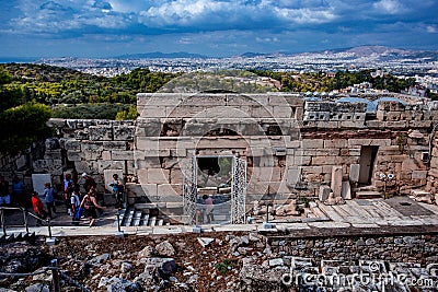 The Erechtheion is an ancient Greek temple on the north side of the Acropolis of Athens in Greece Editorial Stock Photo