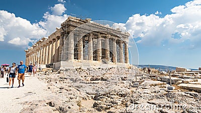 ATHENS, GREECE - SEPTEMBER 16, 2018: Large group of tourists visiting ancient temple Parthenon on Acropolis Editorial Stock Photo