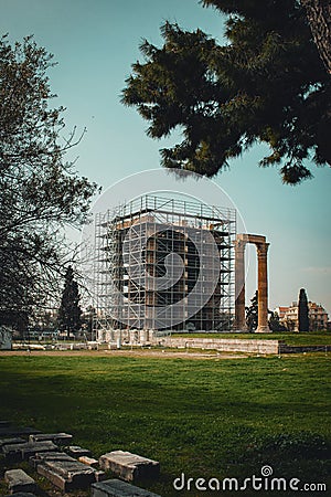 Temple of Olympian Zeus with scaffolding. Construction and maintenance works at world heritage site of ancient greek civilization. Editorial Stock Photo