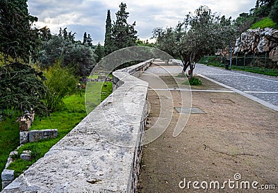 Athens, Greece, Thissio area, Dionysiou Areopagitou street under Acropolis Stock Photo