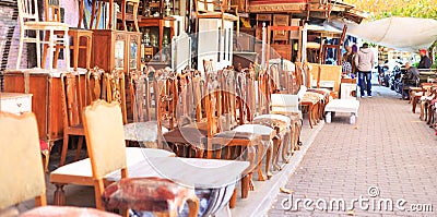 Athens, Greece. Vintage chairs collection at Monastiraki, an open air flea market Stock Photo