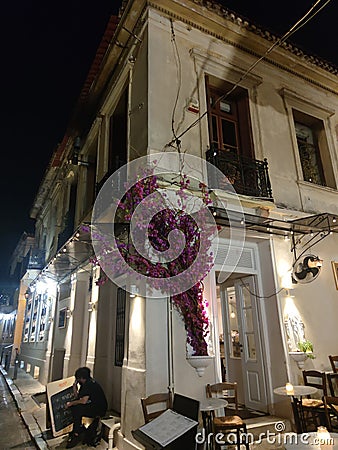 Athens night with Monastiraki square and old Plaka Acropolis hill on foot walking exploring Greece big size high quality prints Editorial Stock Photo