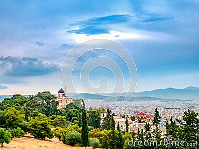 Athena`s panorama from Pnyx hill. Greece. Stock Photo