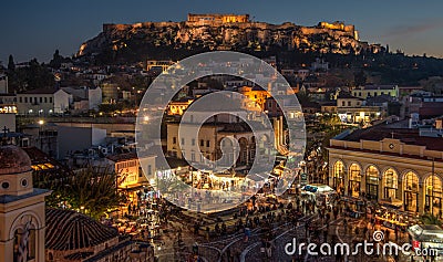 Athens Plaka and Acropolis at Twilight Editorial Stock Photo