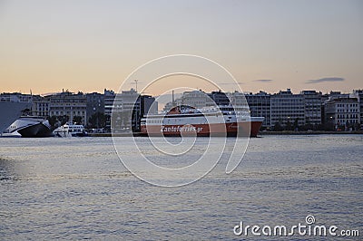 Athens, September 6th: Ferryboat docking in the Piraeus Port from Athens in Greece Editorial Stock Photo