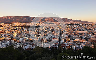 Athens skyline at sunrise from Acropolis, Greece Stock Photo