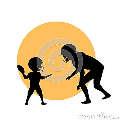 Ather and son, man and kid playing american football isolated vector illustration silhouette Vector Illustration