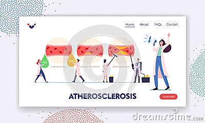 Atherosclerosis Landing Page Template. Tiny Medic Characters Presenting Human Blood Artery Normal, Plaque Formation Vector Illustration