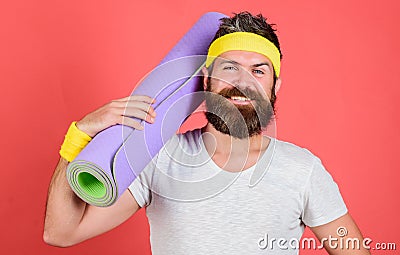 Athlete coach ready for training. Old school aerobics concept. Subscribe flexibility challenge. Stretching and pilates Stock Photo