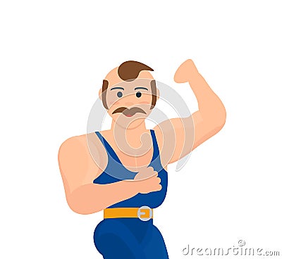 Athlete demonstrates muscles, strength, agility, power, entertaining audience in circus. Vector Illustration