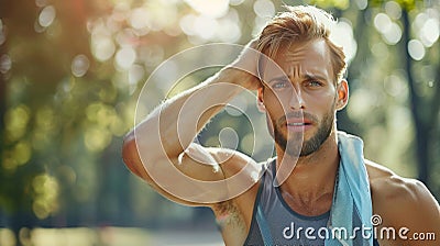 Athlete experiencing muscle pain outdoors after exercise in park, holding head in discomfort Stock Photo