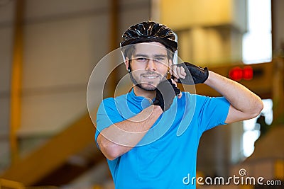 athlete with helmet at velodrome Stock Photo