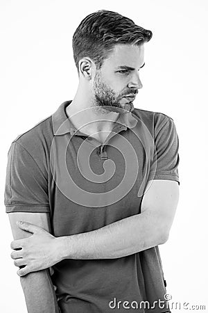 Athlete injured elbow joint. Man suffers old trauma chronic pain elbow white background. Sportsman risks taker Stock Photo