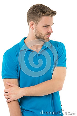 Athlete injured elbow joint. Man suffers old trauma chronic pain elbow white background. Sportsman risks taker Stock Photo