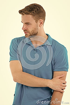 Athlete injured elbow joint. Man suffers old trauma chronic pain elbow white background. Sportsman risks taker Stock Photo